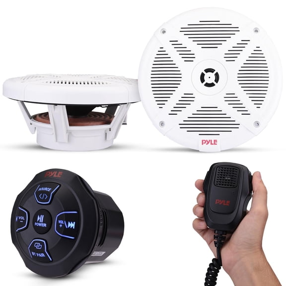 Pyle Marine Bluetooth Receiver Speaker Kit - Waterproof Audio Entertainment System Set w/Dual 6.5' Boat Speakers, Wireless BT Controller, Compact Handheld Broadcasting Microphone White