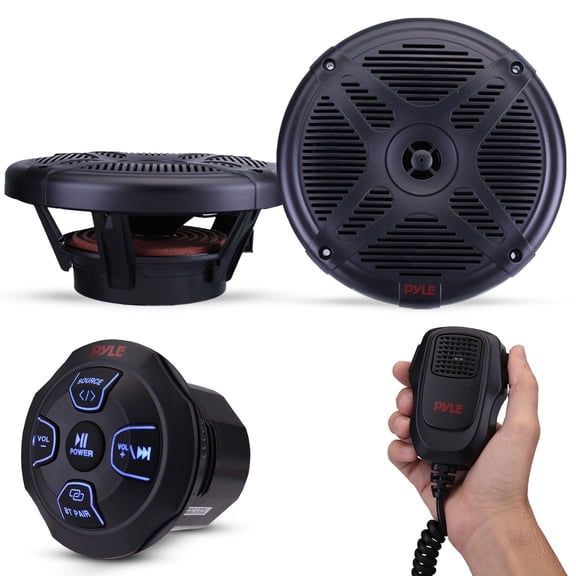 Pyle Marine Bluetooth Receiver Speaker Kit - Waterproof Audio Entertainment System Set w/Dual 6.5" Boat Speakers, Wireless BT Controller, Compact Handheld Broadcasting Microphone Black