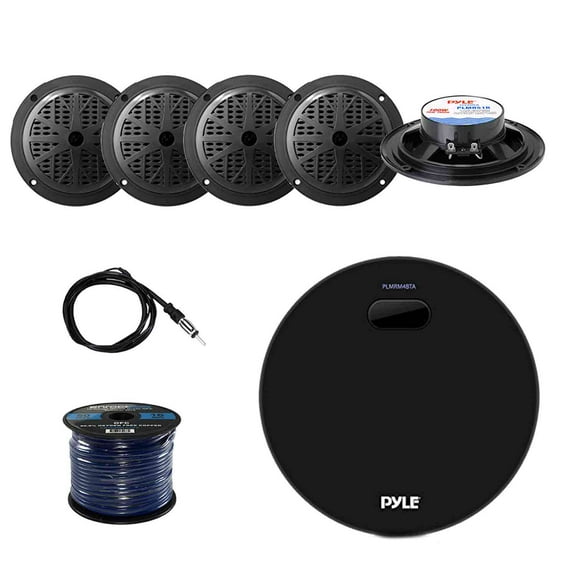 Pyle Marine Bluetooth Water Resistant Amplifier Receiver with Pyle 100W 5.25 Inch 2 Way Marine Speakers (Black) (2-Pairs), Enrock Marine Antenna and Enrock Audio 50 Foot 16-Gauge Speaker Wire