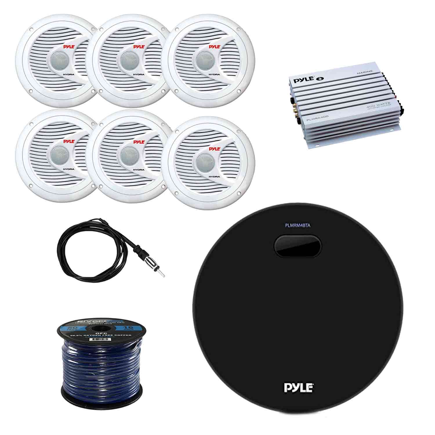 Pyle Marine Bluetooth Water Resistant Amplifier Receiver with Pyle 2 Way Marine Speakers (3-Pairs), Pyle Waterproof Marine Amplifier, Enrock Marine Antenna and Enrock Audio 50' 16G Speaker Wire - image 1 of 6