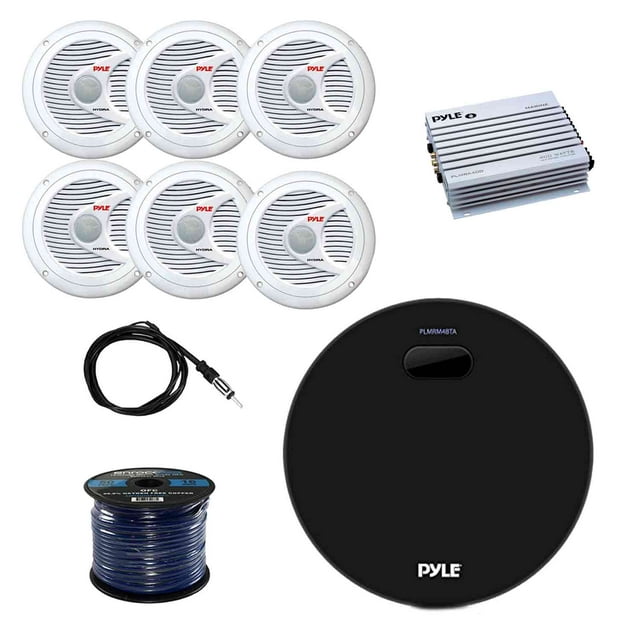 Pyle Marine Bluetooth Water Resistant Amplifier Receiver with Pyle 2 Way Marine Speakers (3-Pairs), Pyle Waterproof Marine Amplifier, Enrock Marine Antenna and Enrock Audio 50' 16G Speaker Wire
