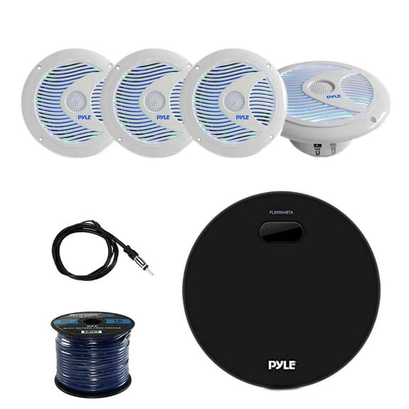 Pyle Marine Bluetooth Water Resistant Amplifier Receiver with Pyle 6.5 Inch Waterproof Audio Marine Grade Dual Speakers (2-Pairs), Enrock Marine Antenna and Enrock Audio 50 Foot 16-Gauge Speaker Wire