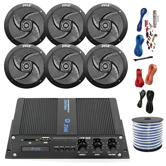 Pyle Marine PFMRA640BB 6-Channel Bluetooth Black Amplifier, 6x Pyle 5.25" 2-Way Waterproof Weather Resistant Black Speakers, Amp Install Kit, 18-G 50 Ft Speaker Wire