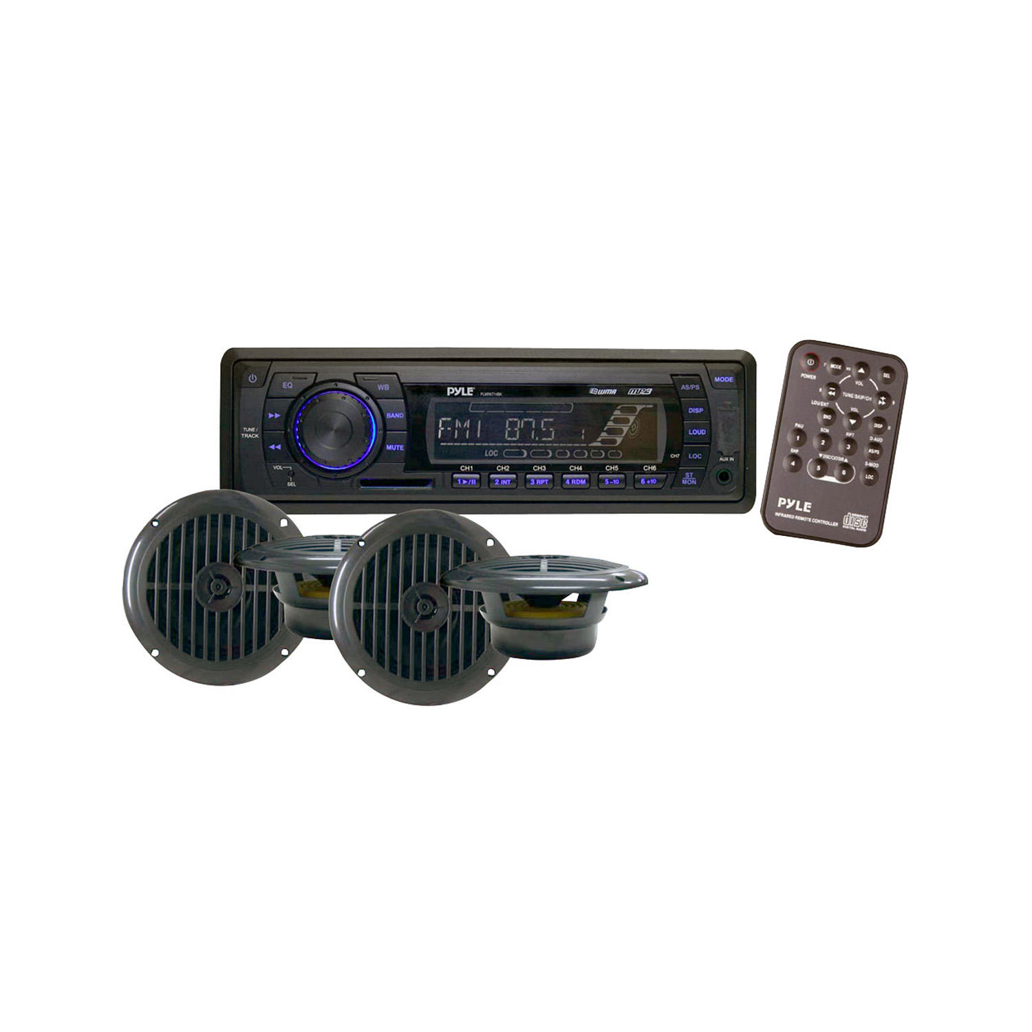 Pyle Marine Stereo Receiver and Speaker Kit - Weather Band AM/FM Radio Headunit - (4) Waterproof 6.5" Speakers, MP3/USB/SD/AUX, Single DIN, 4 x 50 Watt - image 1 of 1