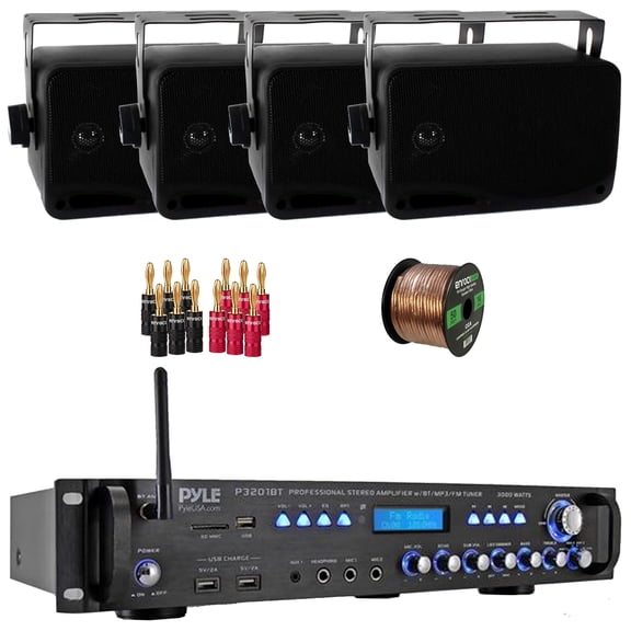 Pyle P3201BT 3000 Watt Bluetooth USB MP3 Player AM/AM Radio Hybrid Multi-Channel Stereo Amplifier Receiver, 4x 3.5'' 200W Max 3-Way Indoor/Outdoor Wall Mount Black Speakers, Banana Plugs, Wire