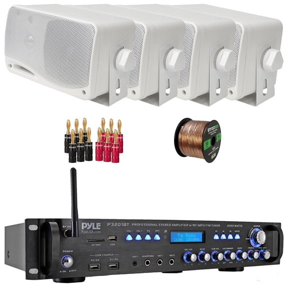 Pyle P3201BT 3000 Watt Bluetooth USB MP3 Player AM/AM Radio Hybrid Multi-Channel Stereo Amplifier Receiver, 4x 3.5'' 200W Max 3-Way Weather Proof White Mini Box Speakers, Banana Plugs, Speaker Wire