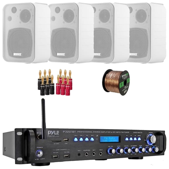 Pyle P3201BT 3000 Watt Bluetooth USB MP3 Player AM/AM Radio Hybrid Multi-Channel Stereo Amplifier Receiver, 4x 4" 30 Watt Max Power 3-Way Indoor/Outdoor White Box-Speakers, Banana Plugs, Speaker Wire