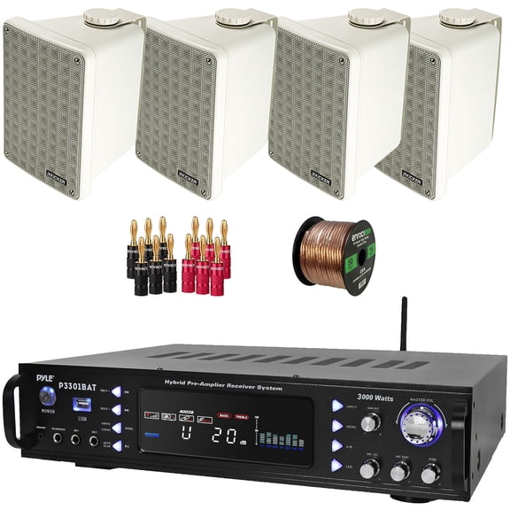 Pyle P3301BAT 3000W Multi-Channel Wireless Bluetooth USB/AUX MP3 Player AM/FM Radio Home Audio Stereo Amplifier Receiver, 4x 6.5" 150W Max Power 2-Way Indoor/Outdoor Gray Speakers, Banana Plugs, Wire