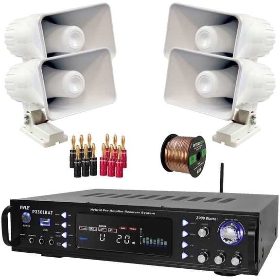 Pyle P3301BAT 3000W Multi-Channel Wireless Bluetooth USB/AUX MP3 Player AM/FM Radio Home Audio Stereo Amplifier Receiver, 4x 6'' 50 Watt Max Power Indoor/Outdoor PA Horn Speakers, Banana Plugs, Wire