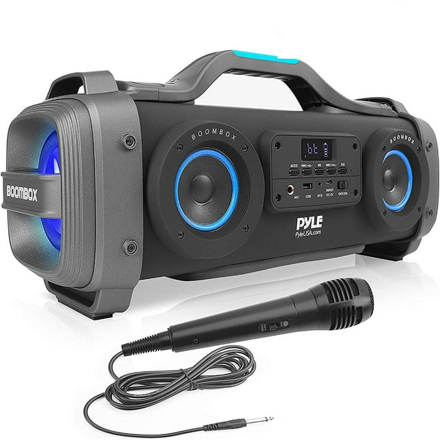 Pyle PBMSPG148 - BoomBox Karaoke Speaker System - & Portable Stereo Radio Speaker with Wired Handheld Micro, Flashing DJ Party Lights, FM Radio