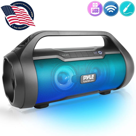 Pyle PBMWP185 - BoomBox Speaker System - & Portable Stereo Radio Speaker with Built-in RGB Lights, FM Radio