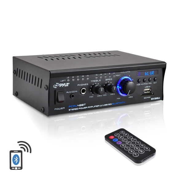 Pyle PCAU48BT - Bluetooth Mini Blue Series Stereo Power Amplifier, 2 x 120 Watt, USB Charge Port, USB/SD Memory Card Readers, RCA and AUX (3.5mm) Input Connector Jacks, Remote Control