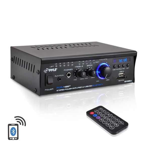 Pyle PCAU48BT - Bluetooth Mini Blue Series Stereo Power Amplifier, 2 x 120 Watt, USB Charge Port, USB/SD Memory Card Readers, RCA and AUX (3.5mm) Input Connector Jacks, Remote Control