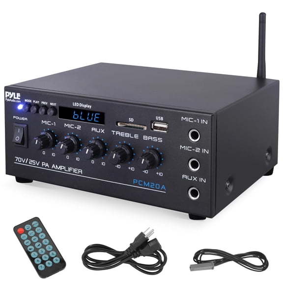 PYLE PCM20A - 25V/70V Power Amplifier - Microphone Audio/Speaker Control Amp, 1/4'' Mic Inputs, 40 Watt
