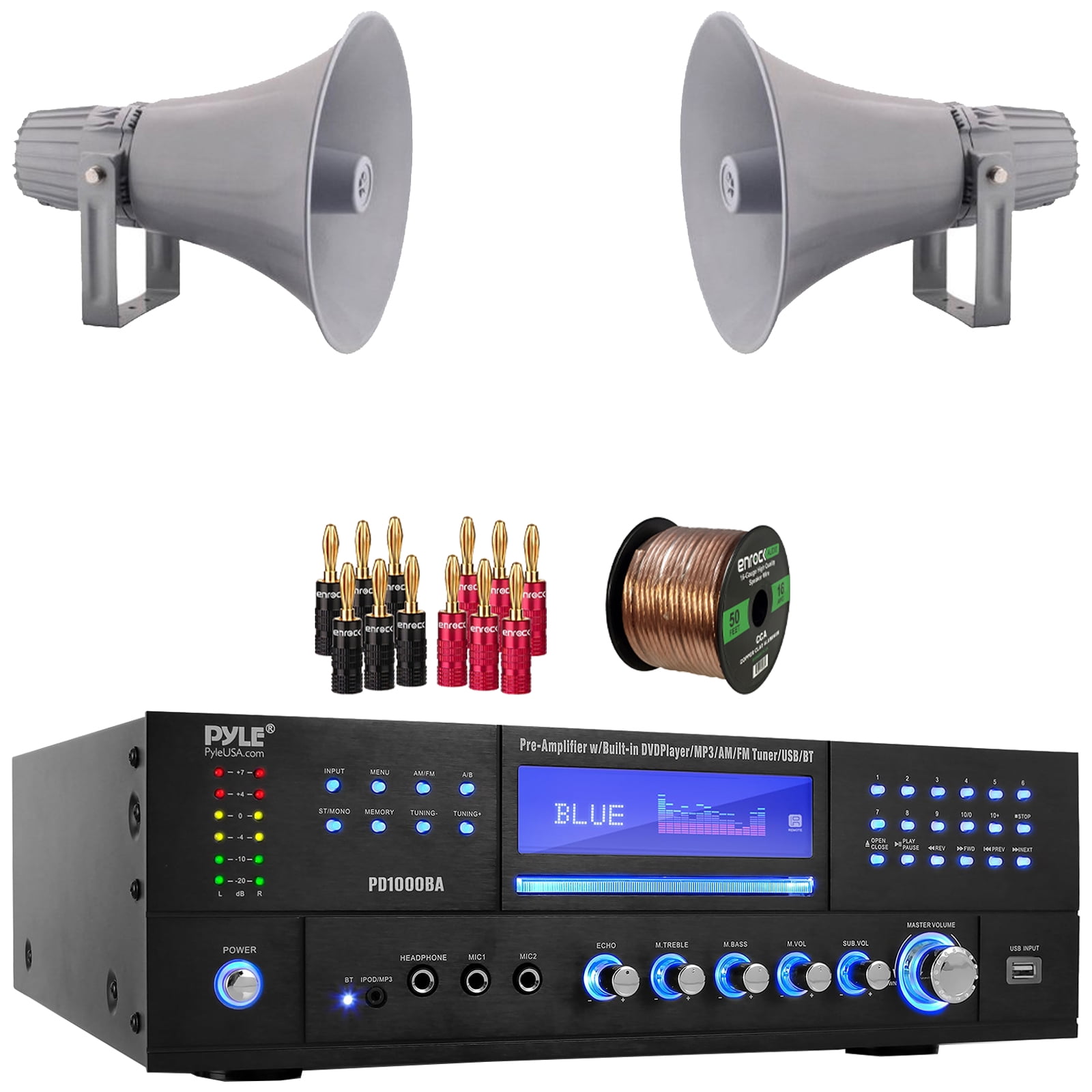 Pyle PD1000BA Bluetooth USB MP3 Player AM/FM Radio Home Theater Preamplifier Receiver, 2x Pyle PHSP12 12.7" 60 Watt RMS Indoor/Outdoor PA Horn Gray Speakers, Banana Plugs, Speaker Wire