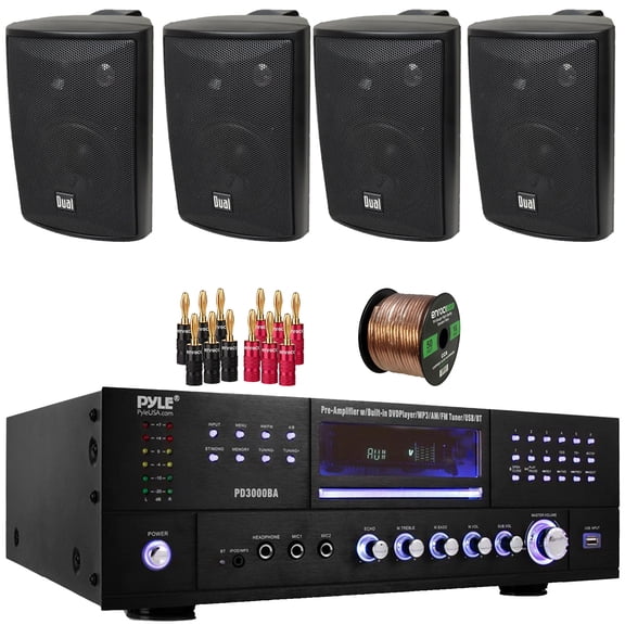 Pyle PD3000BA 3000W Bluetooth USB MP3 Player AM/FM Radio Home Theater Pre-Amplifier Receiver, 4x Dual Electronics 4" 200 Watt Max Power 3-Way Indoor/Outdoor Black Speakers, Banana Plugs, Speaker Wire