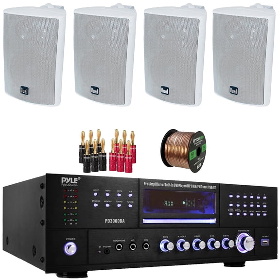Pyle PD3000BA 3000W Bluetooth USB MP3 Player AM/FM Radio Home Theater Pre-Amplifier Receiver, 4x Dual Electronics 4" 200 Watt Max Power 3-Way Indoor/Outdoor White Speakers, Banana Plugs, Speaker Wire