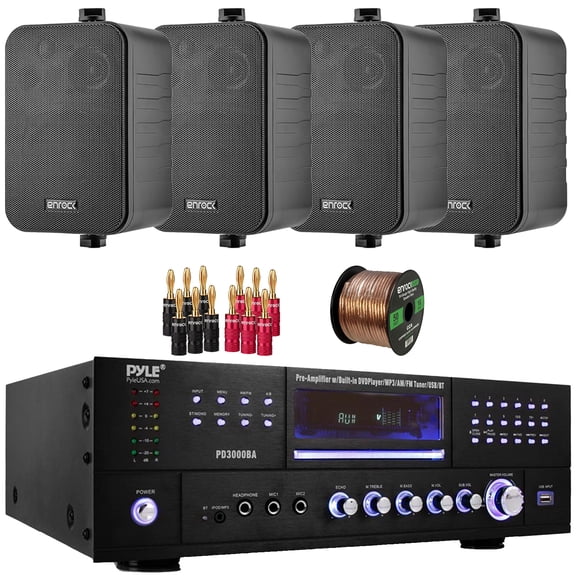 Pyle PD3000BA 3000W Bluetooth USB MP3 Player AM/FM Radio Home Theater Pre-Amplifier Receiver, 4x Enrock EKMR408B 4" 30 Watt Max Power 3-Way Indoor/Outdoor Black Speakers, Banana Plugs, Speaker Wire