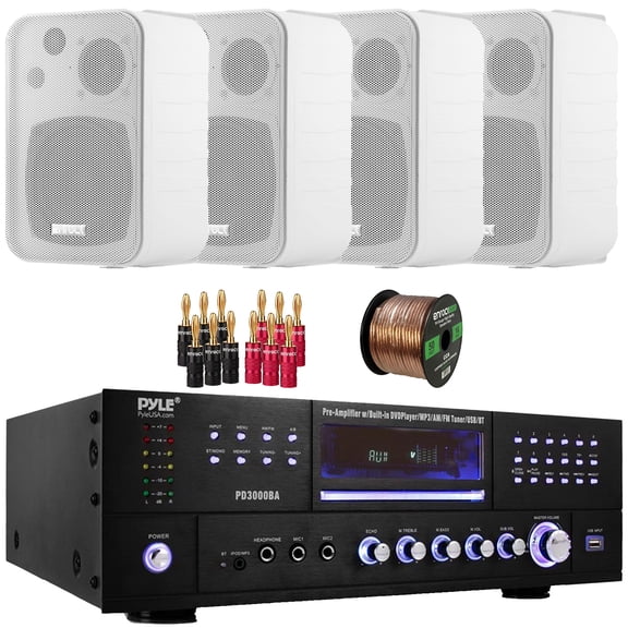 Pyle PD3000BA 3000W Bluetooth USB MP3 Player AM/FM Radio Home Theater Pre-Amplifier Receiver, 4x Enrock EKMR408W 4" 30W Max Power 3-Way Indoor/Outdoor White Box-Speakers, Banana Plugs, Speaker Wire