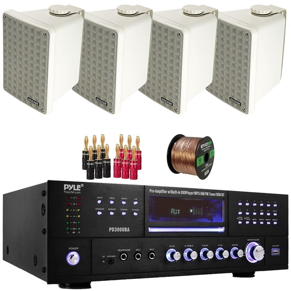 Pyle PD3000BA 3000W Bluetooth USB MP3 Player AM/FM Radio Home Theater Pre-Amplifier Receiver, 4x Kicker 6.5" 150W Max Power 2-Way Full-Range Indoor/Outdoor Gray Speakers, Banana Plugs, Speaker Wire