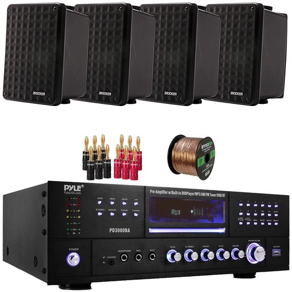 Pyle PD3000BA 3000W Bluetooth USB MP3 Player AM/FM Radio Home Theater Pre-Amplifier Receiver, 4x Kicker 6.5" 150W Max Power 2-Way Full-Range Indoor/Outdoor Black Speakers, Banana Plugs, Speaker Wire