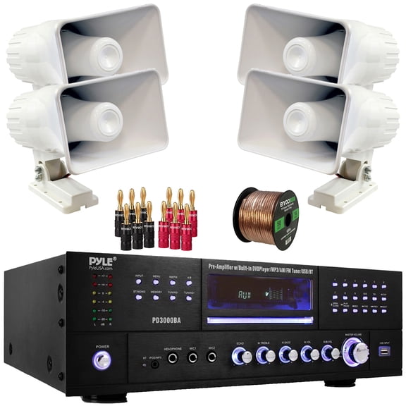 Pyle PD3000BA 3000W Bluetooth USB MP3 Player AM/FM Radio Home Theater Pre-Amplifier Receiver, 4x Pyle PHSP4 6'' 50 Watt Max Power 8-Ohms Indoor/Outdoor PA Horn Speakers, Banana Plugs, Speaker Wire