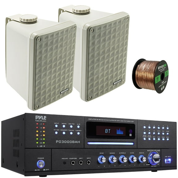 Pyle PD3000BAH 4-Channel 4000W Bluetooth Home Audio Amplifier Receiver HDMI, USB, FM Radio, CD/DVD Player 2 Microphone, 2x 6.5" 150W Max Power 2-Way Full-Range Indoor/Outdoor Gray Speakers W/Wire