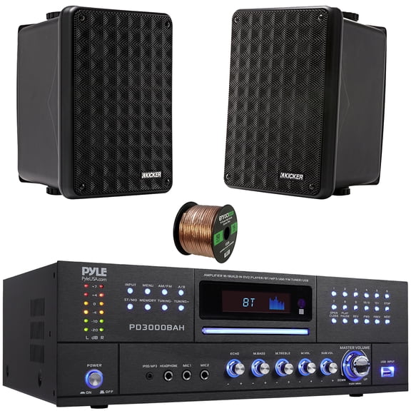 Pyle PD3000BAH 4-Channel 4000W Bluetooth Home Audio Amplifier Receiver HDMI, USB, FM Radio, CD/DVD Player 2 Microphone, 2x 6.5" 150W Max Power 2-Way Full-Range Indoor/Outdoor Black Speakers W/Wire