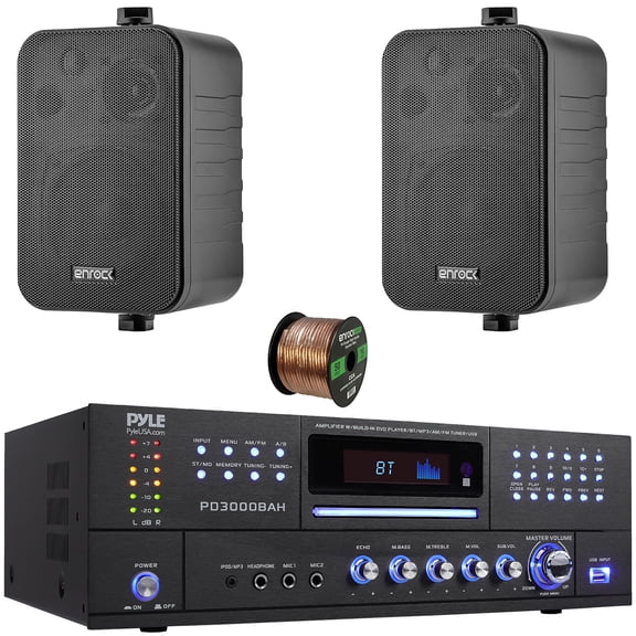 Pyle PD3000BAH 4-Channel 4000W Bluetooth Home Audio Amplifier Receiver HDMI, USB, FM Radio, CD/DVD Player 2 Microphone, 2x Enrock EKMR408B 4" 30W Max Power 3-Way Indoor/Outdoor Black Speakers W/Wire