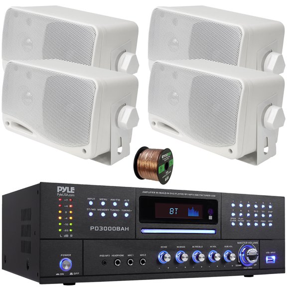 Pyle PD3000BAH 4-Channel 4000W Bluetooth Home Audio Amplifier Receiver HDMI, USB, FM Radio, CD/DVD Player 2 Microphone, 4x 3.5'' 200 Watt Max Power 3-Way Weatherproof Mini Box White Speakers W/Wire
