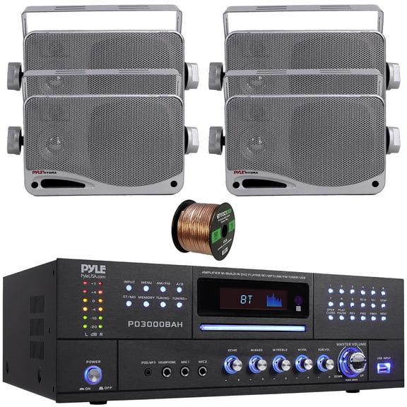 Pyle PD3000BAH 4-Channel 4000W Bluetooth Home Audio Amplifier Receiver  HDMI, USB, FM Radio, CD/DVD Player 2 Microphone, 4x 3.5'' 200W Max Power 3-Way Weather Proof Mini Box Silver Speakers W/Wire