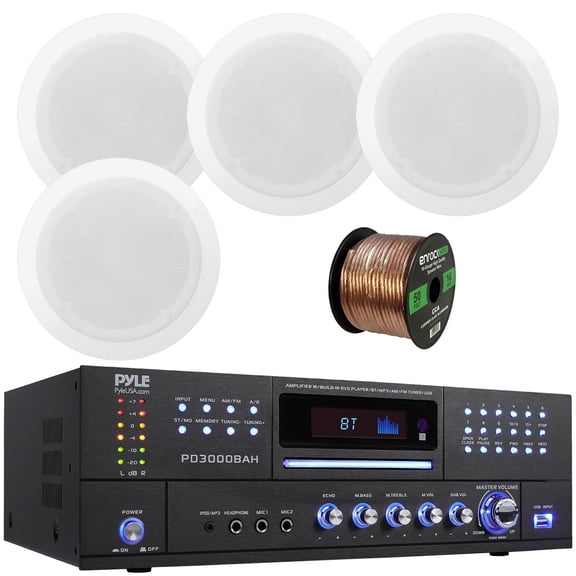 Pyle PD3000BAH 4-Channel 4000W Bluetooth Home Audio Amplifier Receiver HDMI, USB, FM Radio, CD/DVD Player 2 Microphone, 4x Pyle PDIC80T 8'' 300W Max Power 2-Way In-Ceiling Speakers W/50 Feet Wire