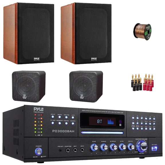 Pyle PD3000BAH 4-Channel 4000W Bluetooth USB FM Radio CD/DVD Player HDMI Home Audio Amplifier Receiver, 2x 5.25'' 200W Max Bookshelf Speakers, 2x 4'' 200W Max Mini Cube Speakers, Wire, Banana Plugs