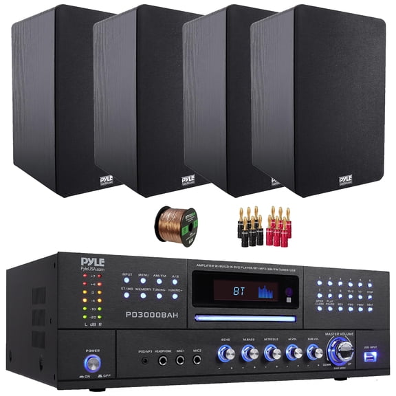 Pyle PD3000BAH 4-Channel 4000W Bluetooth USB FM Radio CD/DVD Player HDMI Home Audio Amplifier Receiver, 4x 6.5'' 240 Watt Max Power Home Theater Wooden Bookshelf Black Speakers, 50 Feet Speaker Wire