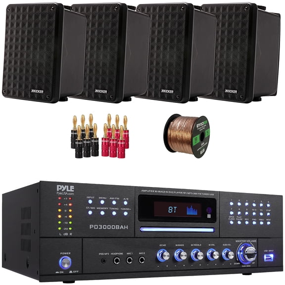 Pyle PD3000BAH 4 Channel 4000W Wireless Bluetooth USB DVD Player FM Radio Home Audio Stereo Amplifier Receiver, 4x 6.5" 150W Max Power 2-Way Indoor/Outdoor Black Speakers, Banana Plugs, Speaker Wire