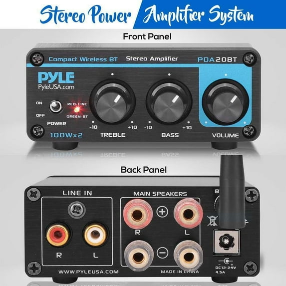 Pyle PDA20BT - Desktop Audio Amplifier - Compact Mini Blue Series Stereo Power Amplifier (2 x 100 Watt MAX)