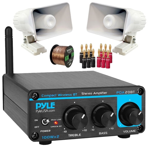 Pyle PDA20BT Desktop Bluetooth Class D 2-Channel Mini Blue Home Audio Compact Stereo Amplifier Receiver, 2x 6'' 50 Watt Max Power 8-Ohms Indoor/Outdoor PA Horn Speakers, Banana Plugs, Speaker Wire