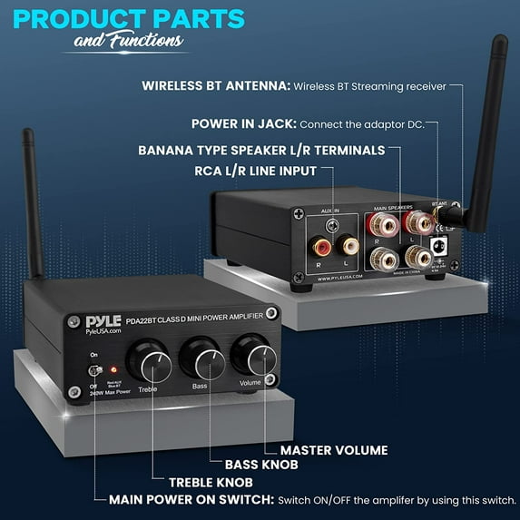 Pyle PDA22BT Compact Powerful Home Audio Amplifier Receiver Mini with Bluetooth 5.0 2 x 100 Watt