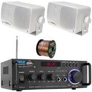 Pyle PDA29BU.6 Bluetooth USB/SD/FM Compact Power Stereo Home Audio Amplifier Receiver, 2x Pyle PLMR24 3.5 200W Max Power 3-Way Weather Proof Mini Box White Speakers, 50 Feet 16 Gauge Speaker Wire