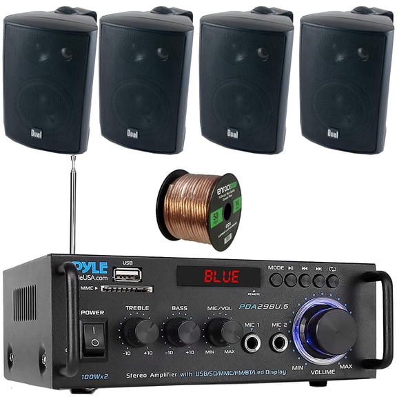 Pyle PDA29BU.6 Bluetooth USB/SD/FM Compact Power Stereo Home Audio Amplifier Receiver, 4x Dual Electronics LU47PB 4" 200W Max Power 3-Way Indoor/Outdoor Black Speakers, 50 Feet 16 Gauge Speaker Wire