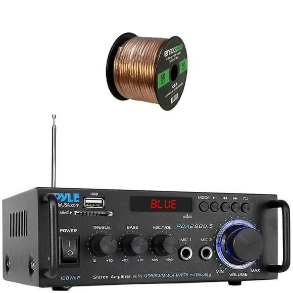 Pyle PDA29BU.6 Bluetooth USB/SD/FM Compact Power Stereo Home Audio Amplifier Receiver - Blue Series with Wireless BT, RCA & Speaker Terminals Bundle Combo With 50 Feet 16 Gauge Speaker Wire