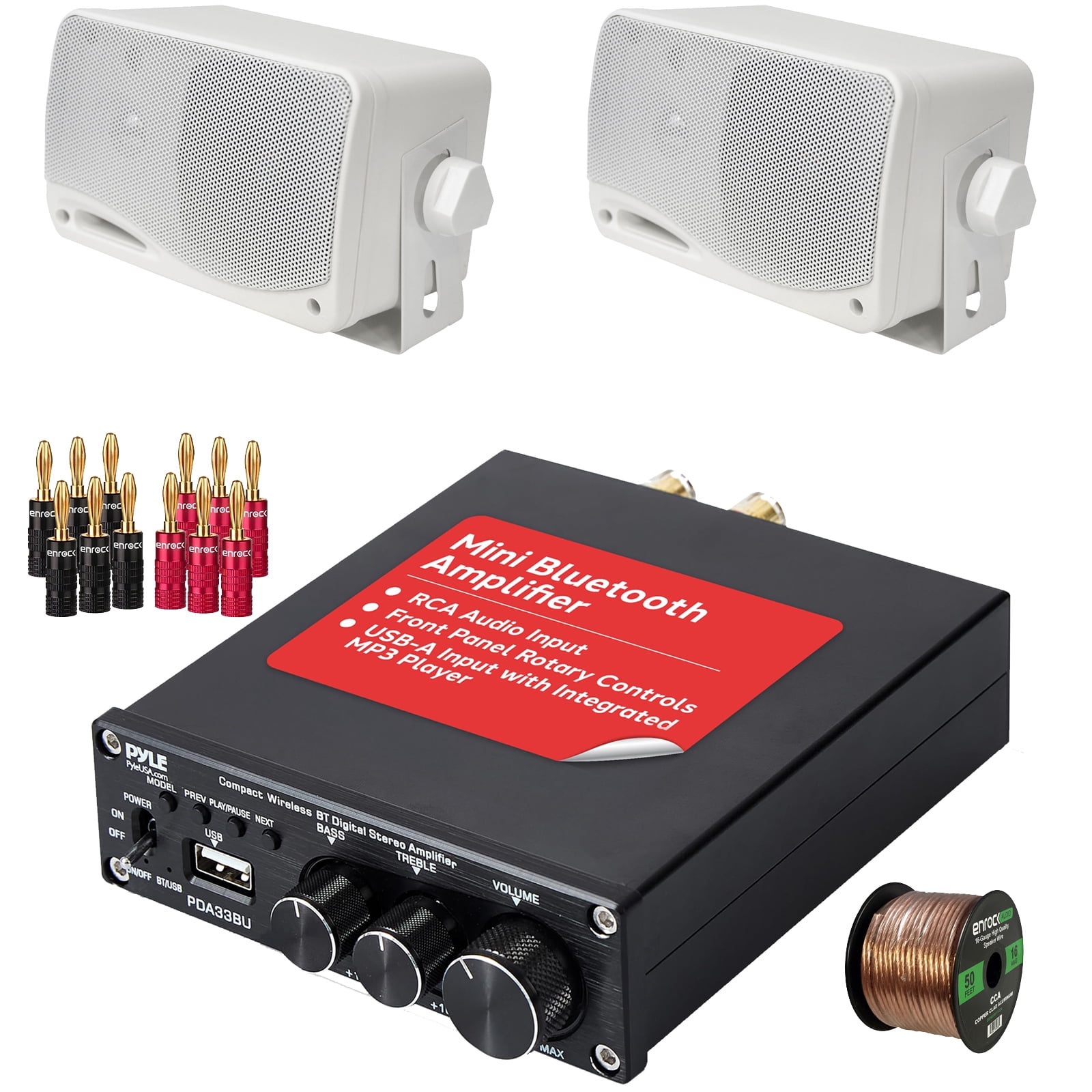 Pyle PDA33BU 2.1 Channel 200W USB Bluetooth Wireless Stereo Power Mini ...