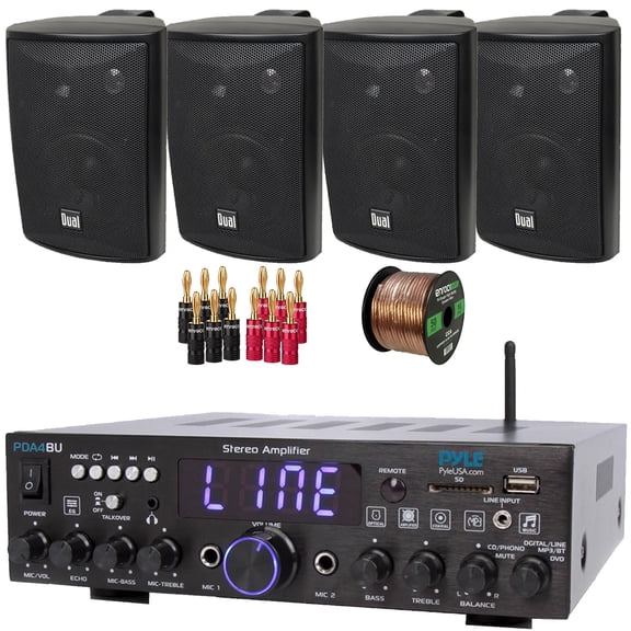 Pyle PDA4BU 200 Watt Wireless Bluetooth Multi-Channel Home Audio Stereo Amplifier Receiver, 4x Dual Electronics LU47PB 4" 200W Max 3-Way Indoor/Outdoor Black Speakers, Banana Plugs, Speaker Wire