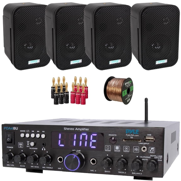 Pyle PDA4BU 200 Watt Wireless Bluetooth Multi-Channel Home Audio Stereo Amplifier Receiver, 4x Pyle PDWR30B 3.5" 300W Max Power Indoor/Outdoor Black Waterproof Speakers, Banana Plugs, Speaker Wire