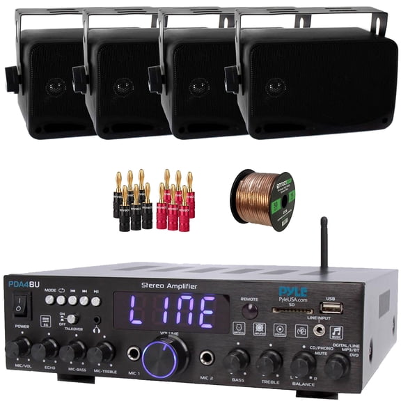Pyle PDA4BU 200 Watt Wireless Bluetooth Multi-Channel Home Audio Stereo Amplifier Receiver, 4x Pyle PLMR24B 3.5'' 200W Max 3-Way Indoor/Outdoor Wall Mount Black Speakers, Banana Plugs, Speaker Wire