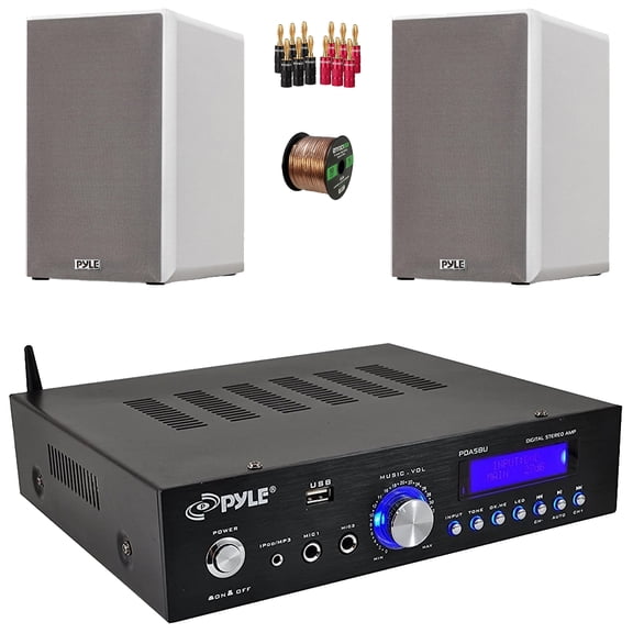 Pyle PDA5BU 200W Bluetooth USB/AUX FM Radio Mini Blue LCD Stereo Amplifier Receiver, 2x 6.5 240 Watts Max Power 2-Way HiFi Home Theater Bookshelf White Speakers, 50 Feet Speaker Wire, Banana Plugs