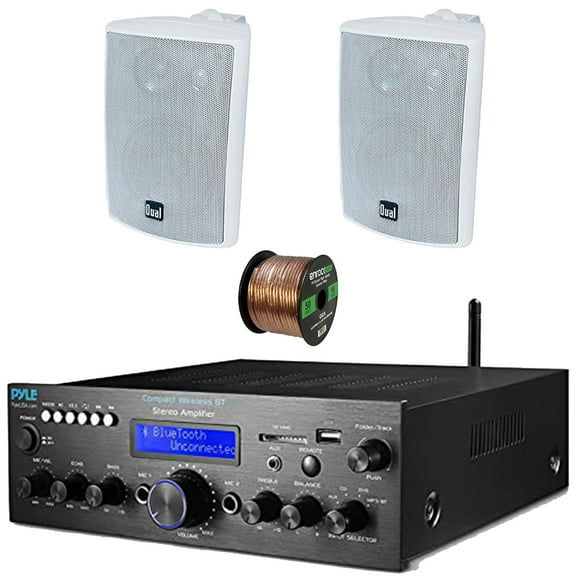 Pyle PDA612BU.5 Digital LCD Display AUX/MP3/USB/SD Bluetooth FM Radio Compact Home Audio Stereo Amplifier Receiver, 2x 4" 200W Max Power 3-Way Indoor/Outdoor Speakers, 50 Feet 16 Gauge Speaker Wire