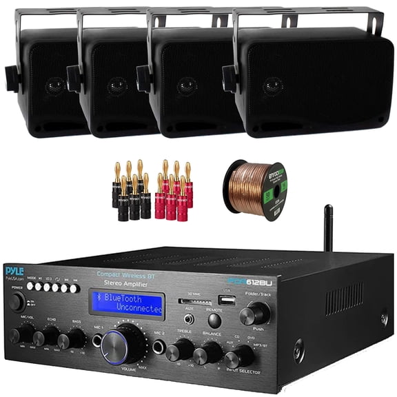 Pyle PDA612BU.5 Digital LCD Display Bluetooth USB MP3 Player FM Radio Amplifier Receiver, 4x Pyle PLMR24B 3.5'' 200 Watt Max 3-Way Indoor/Outdoor Wall Mount Black Speakers, Banana Plugs, Speaker Wire