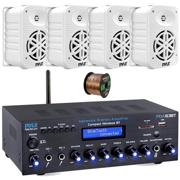 Pyle PDA63BT Wireless Bluetooth USB/AUX SD FM Radio Home Audio Receiver, 4x Pyle PDWR55WT 5.25" 500 Watts Max Power 2-Way Indoor/Outdoor White Speakers, 50 Feet 16 Gauge Speaker Wire