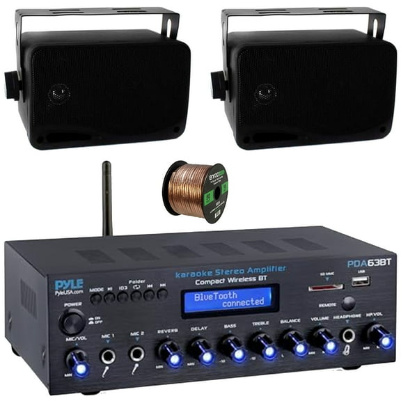Pyle PDA63BT Wireless Bluetooth USB/SD/AUX FM Radio Home Audio Amplifier Receiver, 2x Pyle PLMR24B 3.5'' 200W Max Power 3-Way Indoor/Outdoor Wall Mount Black Speakers, 50 Feet 16 Gauge Speaker Wire
